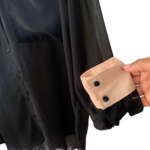 American Apparel Sheer Black and Pink Long Tunic Button Up Top - Picture 3 of 6